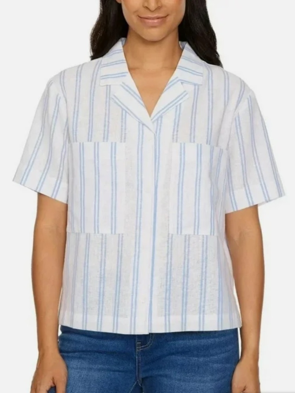 Buffalo David Bitton Women's Linen Blend Short Sleeve Top Blue/White